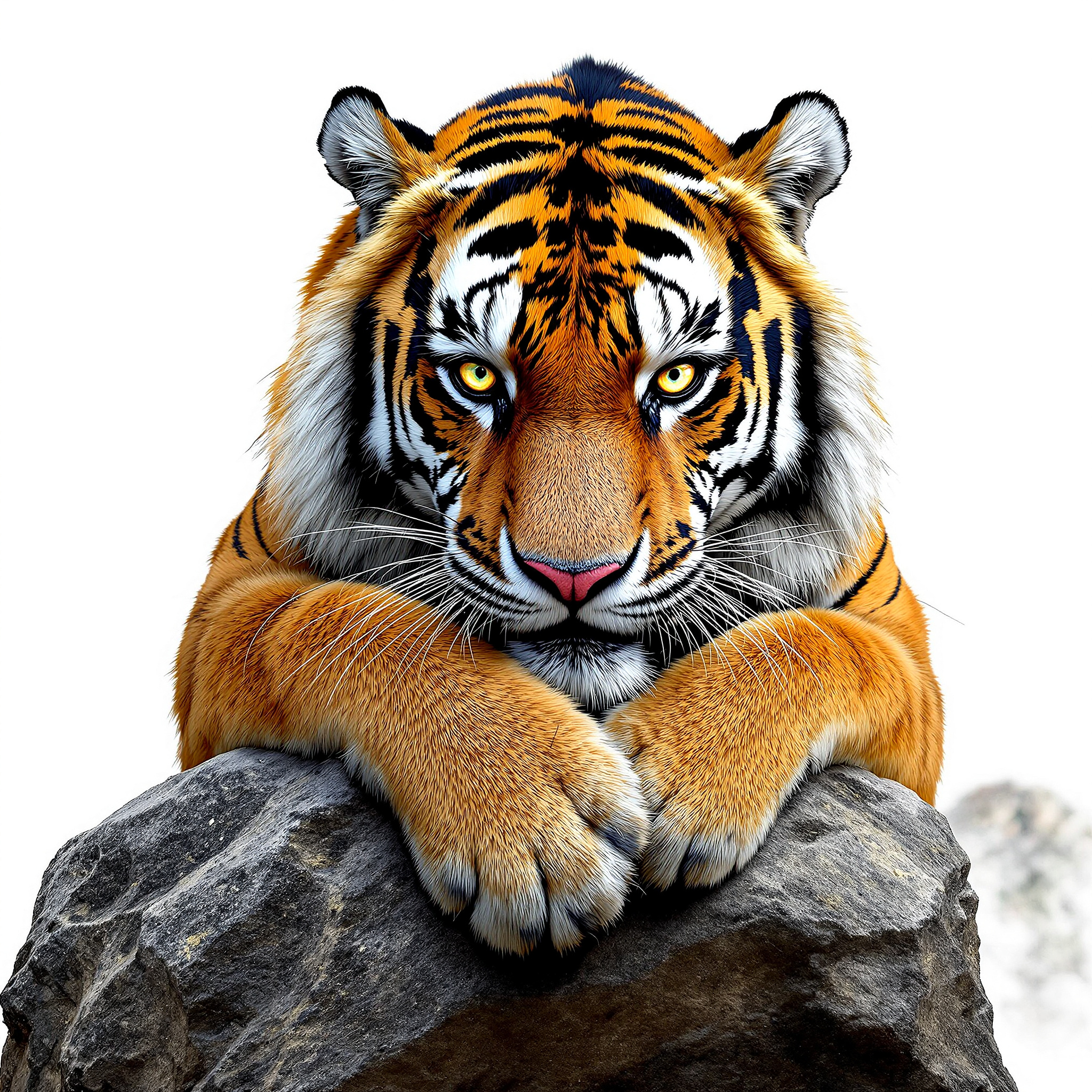 This is a surreal photo of an adult male tiger leaning against a rock on a white background. The image is a frontal view,very angry emotion, depicting the tiger in great detail and realistically., no background, dramatic lighting from side, sharp shadows, high resolution, cinematic look, isolated black background