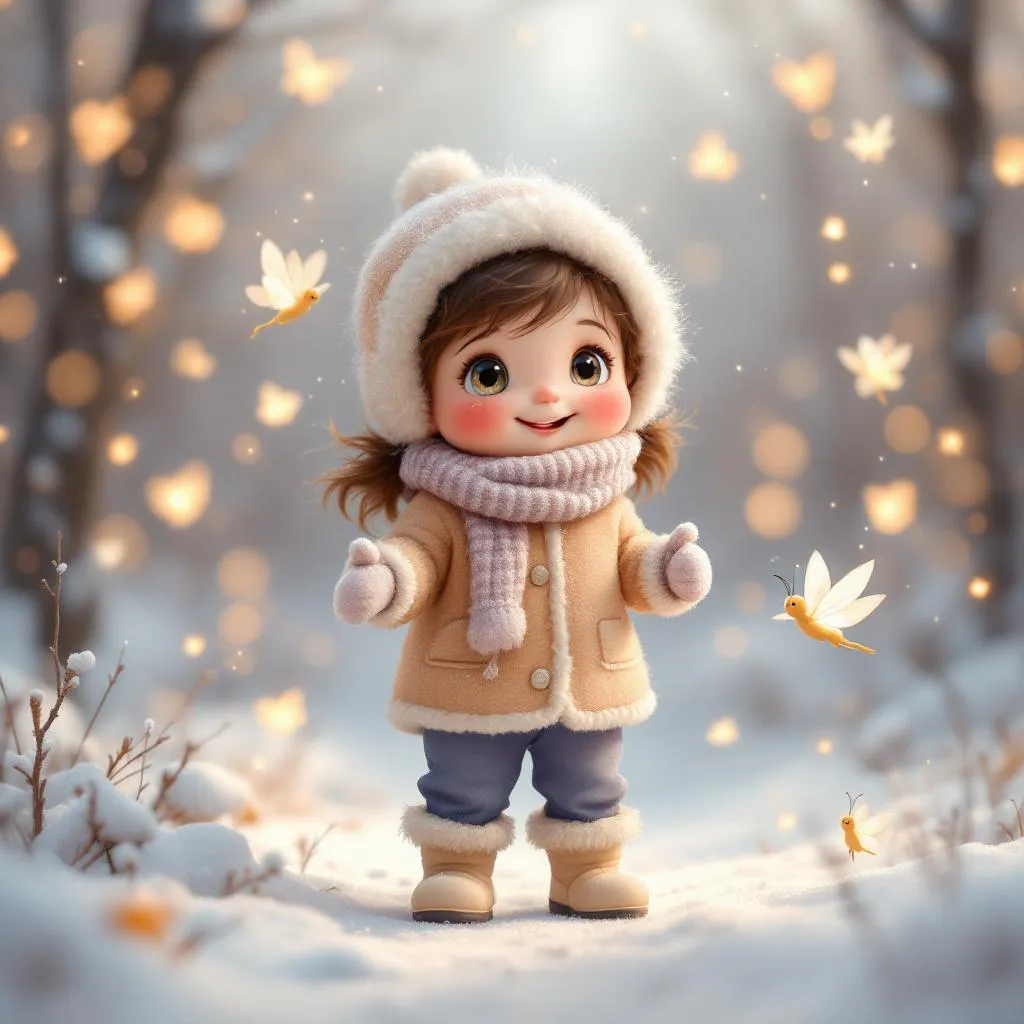 WIGGLE TO WARM UP warm cozy clothing gloves and little snow boots Little Wiggle Bug wiggling happily to warm up while little fairies wiggle and bounce in the air soft toddler_ illustration_ rounded shapes_ pastel winter colors_ gentle lighting_ cozy mood_ simple background_ friendly fairy style_ children’s picture book art_ no sharp edges, photorealistic style, detailed texture, high resolution photography, professional lighting