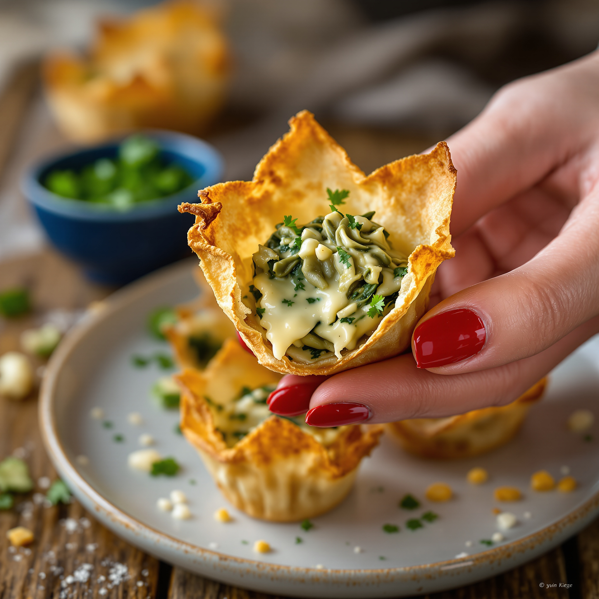 Spinach and artichoke wonton cups, golden crisp edges, creamy cheese filling visible, held at a 45-degree angle by a woman's hand with glossy red painted nails, rustic wooden table background, soft creamy lighting, shallow depth of field, minimal props (small bowl of parsley, scattered crumbs), no steam, natural color grading, hyper-realistic food photography, photorealistic style, detailed texture, high resolution photography, professional lighting