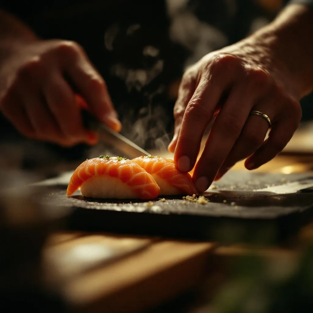 Cinematic close-up of hands carefully preparing sushi during a private Japanese cooking class, slow deliberate movements, precise gestures, shallow depth of field, warm focused lighting, subtle steam, quiet concentration, no posing, no smiles, no cooking show clichés, refined Japanese craftsmanship, premium culinary travel film aesthetic, ultra realistic textures, film grain, slow cinematic camera push, photorealistic style, detailed texture, high resolution photography, professional lighting