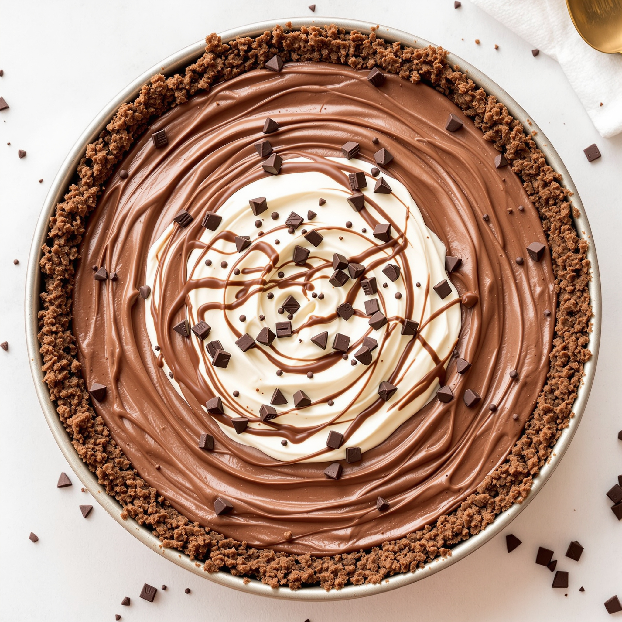 No-Bake Chocolate Cheesecake Delight Creamy, chocolatey, and no oven needed. Serves: 8 Ingredients 2 cups chocolate cookie crumbs 5 tbsp melted butter 16 oz cream cheese, softened ¾ cup powdered sugar 1 cup whipped cream ½ cup melted dark chocolate 1 tsp vanilla Steps Mix crumbs and butter, press into pan, chill 15 minutes. Beat cream cheese and sugar until smooth. Mix in melted chocolate and vanilla. Fold in whipped cream. Spread over crust and chill 4 hours., photorealistic style, detailed texture, high resolution photography, professional lighting