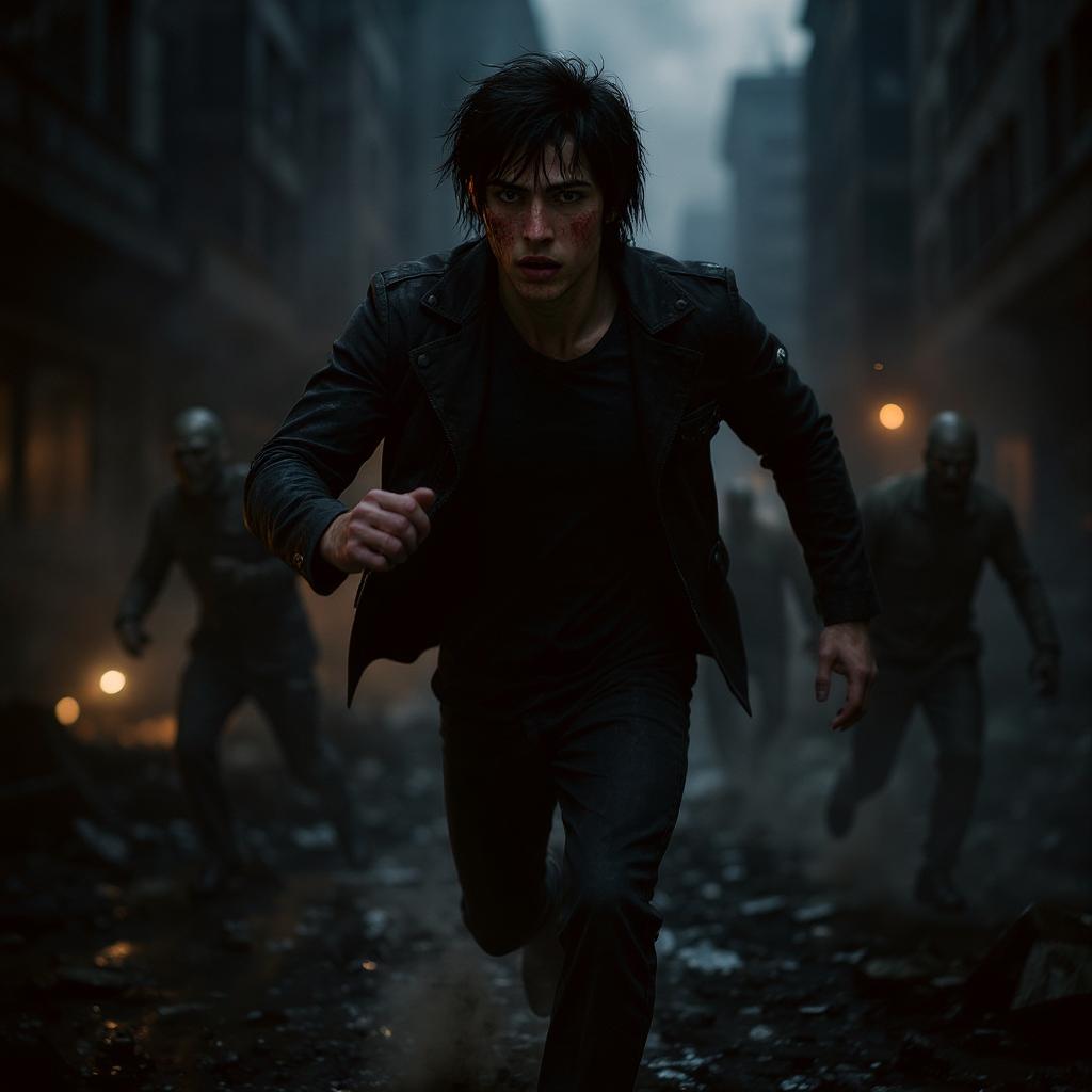Image to image AI result: A man running from zombies in a dark, post-apocalyptic city, dynamic action, motion blur, tense atmosphere, fog and debris in the streets, dramatic lighting, cinematic perspective, realistic environment, horror thriller vibe, high detail, no face description