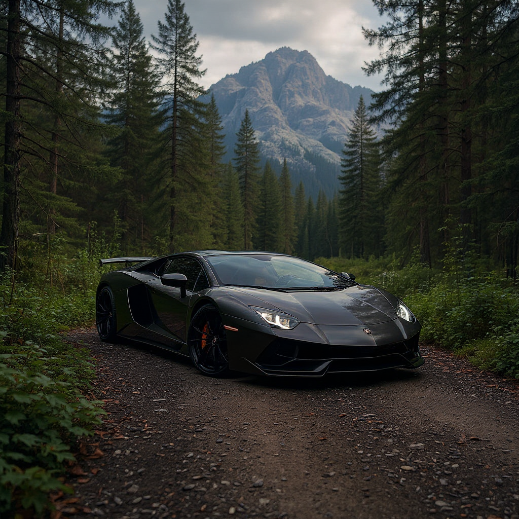 Image to image AI result: This car in the forest, photorealistic style, detailed texture, high resolution photography, professional lighting