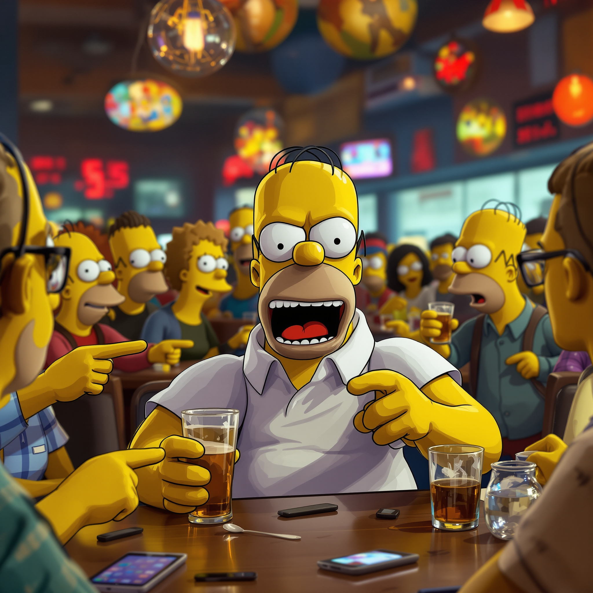 homer simpson drinking at a with real people, everyone pointing at him since he's a cartoon, with homer screaming at the camera. photorealistic, highly detailed, professional photography, 8k in photorealistic style, detailed texture, high resolution photography, professional lighting