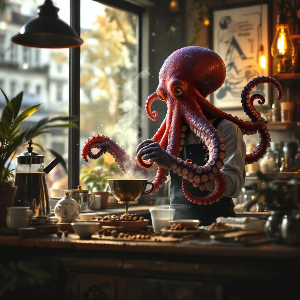 An octopus barista making coffee in a tiny Paris café, steam forming galaxies, whimsical surrealism, soft morning light, high detail, photorealistic style, detailed texture, high resolution photography, professional lighting
