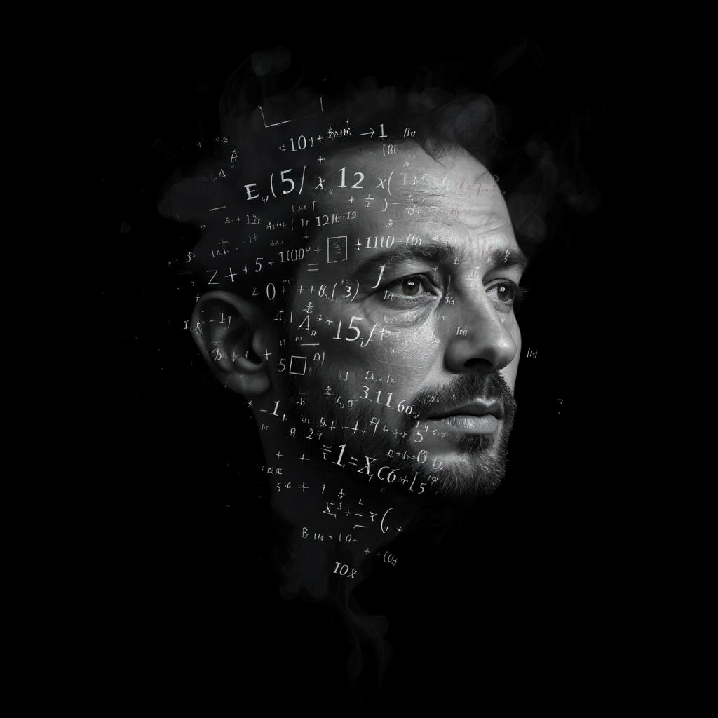 Image to image AI result: A man face partially dissolving into smoke and mathematical formulas, black background, high contrast, conceptual art, professional product photography, clean white background, studio lighting, sharp focus, commercial quality, e-commerce ready, photorealistic style, detailed texture, high resolution photography, professional lighting